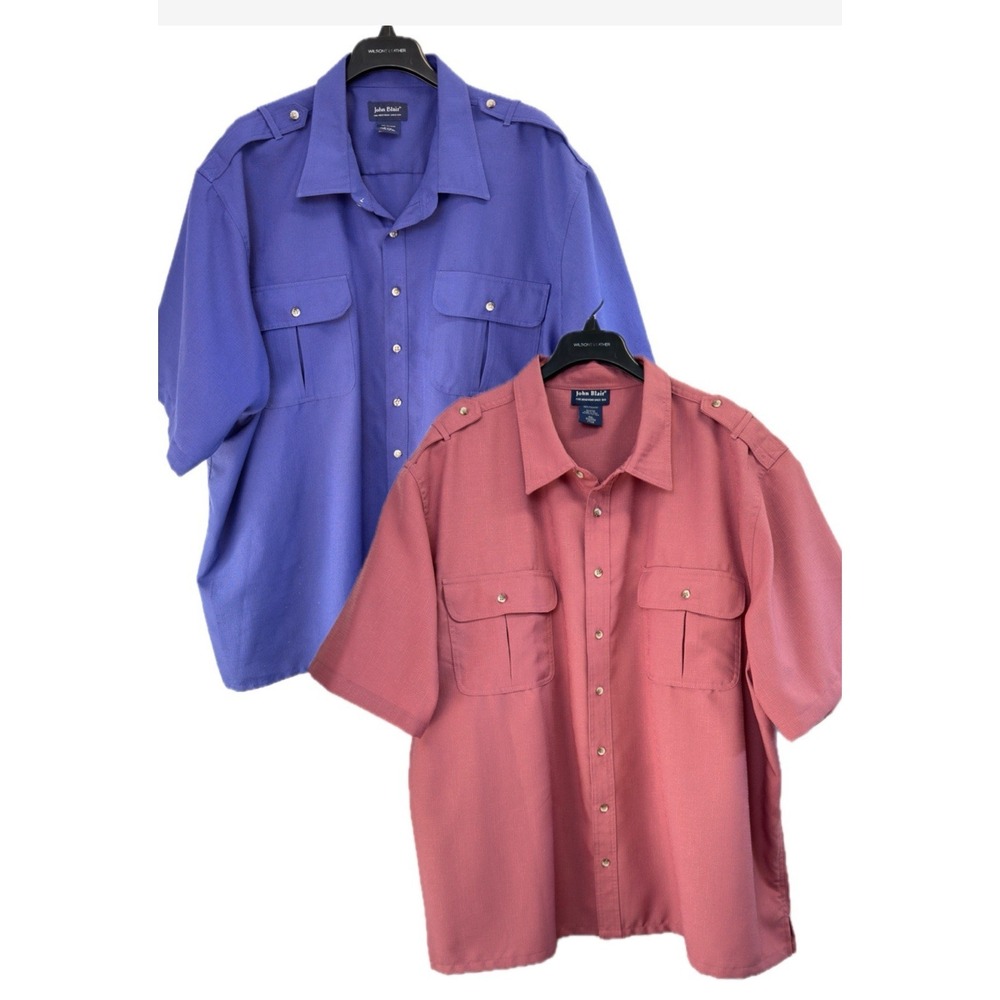 Lot 2 John Blair Mens 2XL Safari‎ Pilot Button Up Short Sleeve Green Blue Shirts